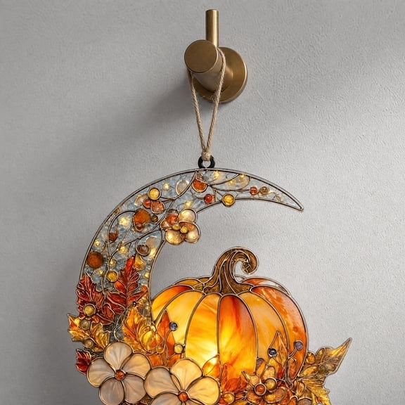 Autumn Pumpkin Crescent Moon Acrylic Suncatcher - Faux Stained Glass Indoor Window Hanging Ornament, Outdoor Sun Catcher Panel, Home Decor Gift for Halloween Lovers