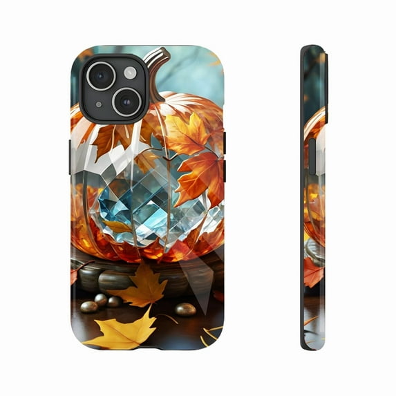 Autumn Pumpkin Crystal iPhone Case with Fall Leaves Design Perfect for Halloween Thanksgiving Compatible with iPhone 11/12/13/14/15/16 (Pro Max/Plus)