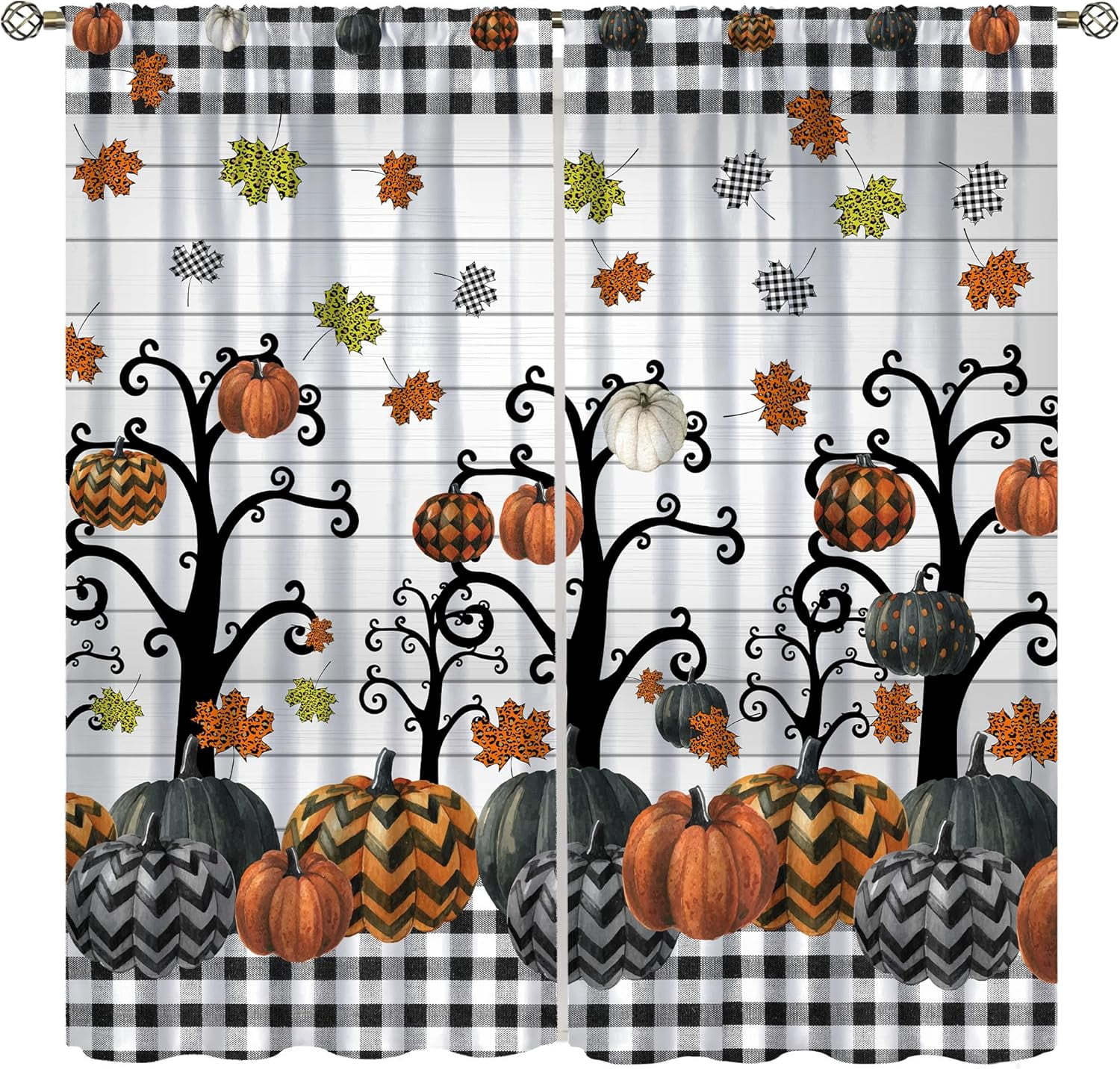 Autumn Pumpkin Curtains,Rustic Country Farmhouse Fall Floral Black ...