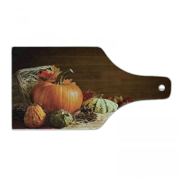 Autumn Pumpkin Cutting Board, Rustic Fall Still Life Photo with Fruits Pine Cones and Leaves in Basket, Decorative Tempered Glass Cutting and Serving Board, in 3 Sizes, by Ambesonne