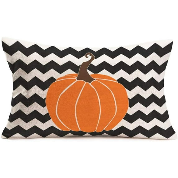 Autumn Pumpkin Decorative Throw Pillow Covers Black White Wave Stripe Pillowcases Fall Thanksgiving Modern Outdoor Lumbar Cushion Cases for Patio Couch Bench 12 x 20 Inch (H-12)