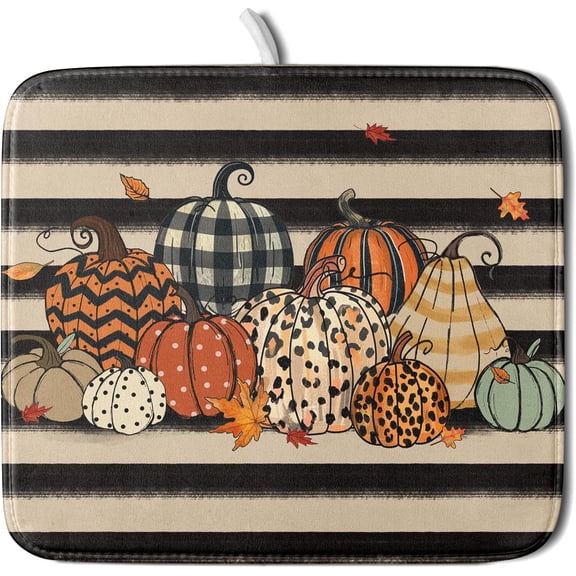 Autumn Pumpkin Dish Drying Mats 16x18 In, Fall Leopard Buffalo Plaid Thanksgiving Halloween Absorbent Microfiber Quick Dry Dishes Drainer Rack Mat for Kitchen Counter Decor