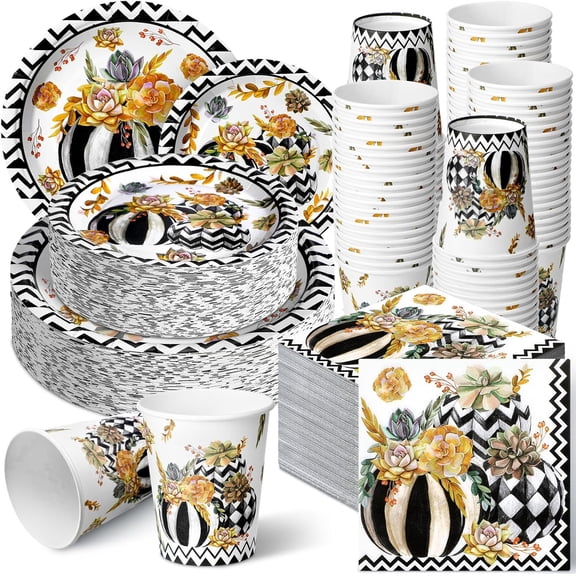 Autumn Pumpkin Disposable Tableware Set for 50 Guests: 9 Inch Plates, 7 Inch Dessert Plates, 9 Ounce Cups, and Napkins, Black and White Style