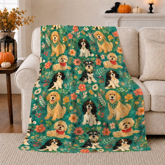 Autumn Pumpkin Dog Floral Pattern, Cozy Pet Portrait Pattern, Warm Flannel Blanket for Living Room and Reading Nook, Dog Lovers Thanksgiving Gift, Pet Lover Home Decor