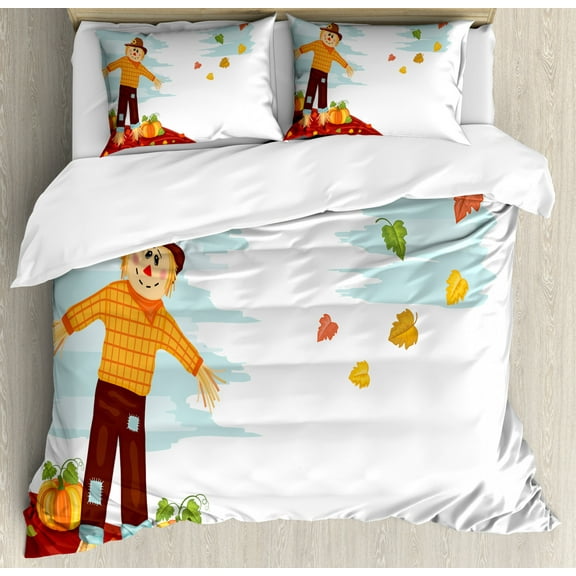 Autumn Pumpkin Duvet Cover Set Queen Size, Fall Harvest Themed Cartoon of Scarecrow Seasonal Fruits and Leaves, Decorative 3 Piece Bedding Set with 2 Pillow Shams, Multicolor, by Ambesonne