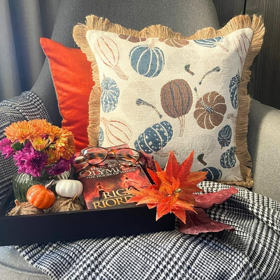 Brown Woven Jacquard Decorative Throw Pillow Cover 14"x14" (35x35 cm) Jacquard Pumpkins, Lace Pillowcase, Floral Contemporary Style - Cinnamon Pumpkins