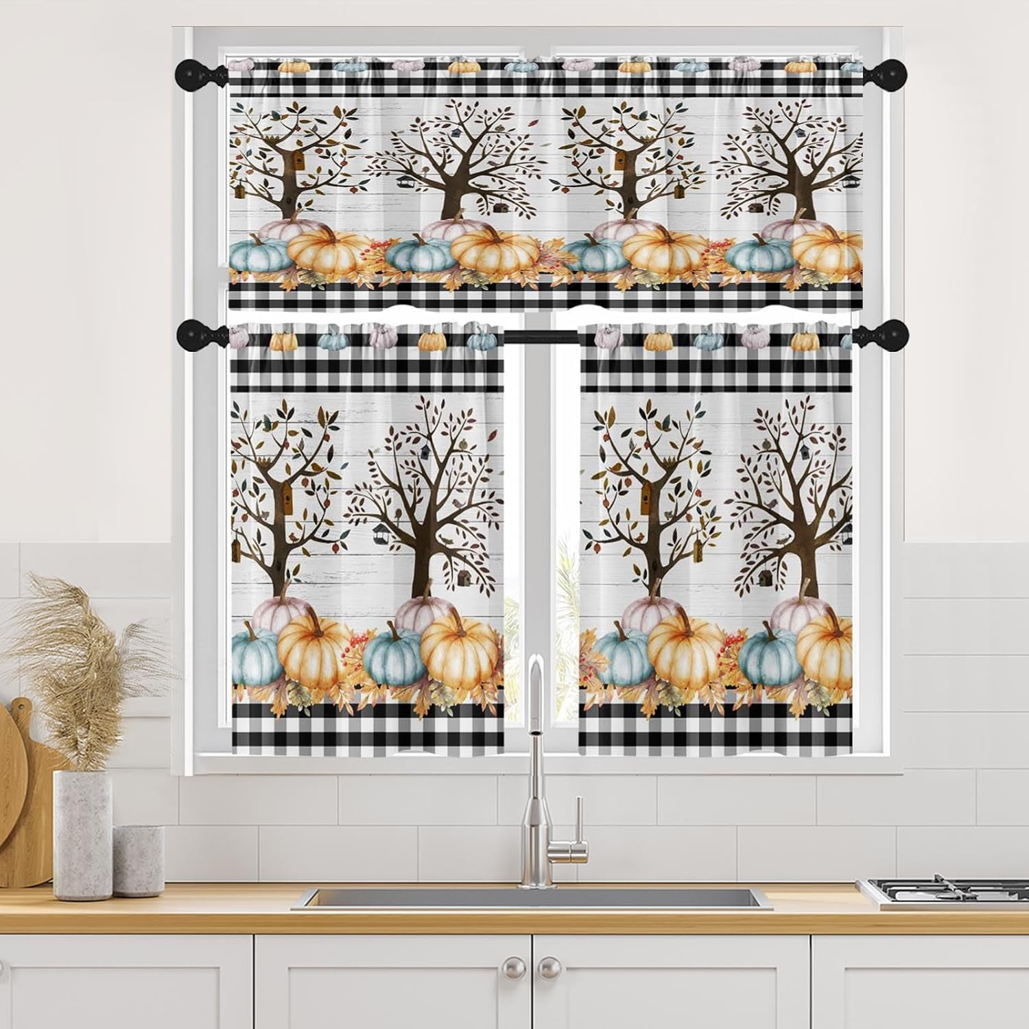 Autumn Pumpkin Fall Kitchen Curtains with Valance and Tier Sets 36 Inch