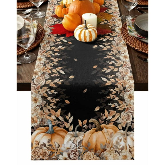 Autumn Pumpkin Fallen Leaves on Black Table Runner-36 Inch Long Vintage Rose Flower Table Runners Linen Burlap Tablerunner for Kitchen Dining Room Holiday Party