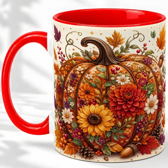 Autumn Pumpkin Floral 11oz Accent Mug, Ceramic Coffee Cup for Home Glossy ceramic mug with double-sided autumn pumpkin floral artwork for daily coffee or tea at home or office