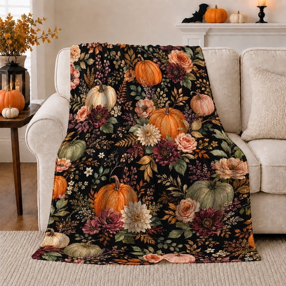 Autumn Pumpkin Floral Botanical Arrangement, Cozy Friendship Quote Scene, Warm Flannel Blanket for Living Room and Reading Nook, Art Lovers Thanksgiving Gift, Artistic Home Decor