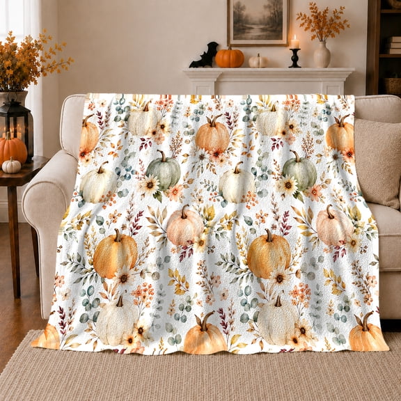Autumn Pumpkin Floral Watercolor Rustic, Cozy Botanical Garden Scene, Warm Flannel Blanket for Sunroom and Reading Nook, Garden Lovers Thanksgiving Gift, Rustic Home Decor