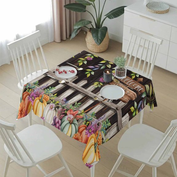 Autumn Pumpkin Flower Leaf Table Cloth 54x54in, Waterproof Square Tablecloth Wipeable Tablecloths Rustic Farmhouse Bird Brown Wood Table Covers for Dining Tables Party Indoor Outdoor