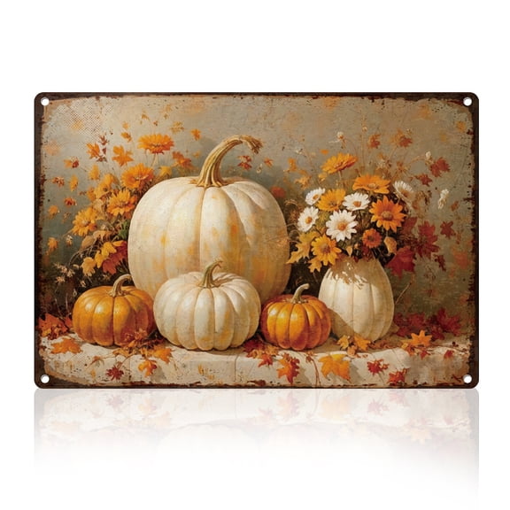 Autumn Pumpkin Flowers Tin Sign Retro Wall Decor Metal 8" x 12" Fall Harvest Thanksgiving Wall Art Poster for Home Cafe Room