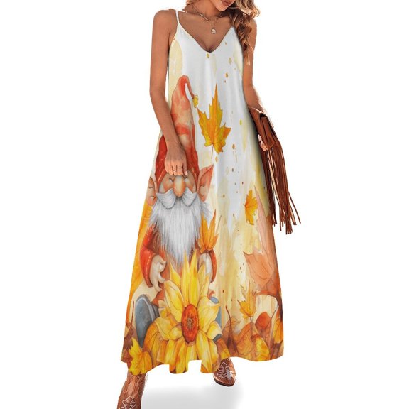 Autumn Pumpkin Gnome Thanksgiving Fine Art Sleeveless Dress Summer Dress Woman 2025