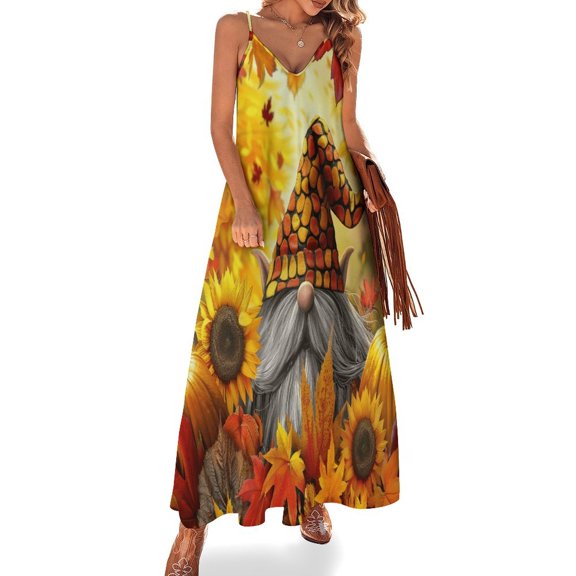 Autumn Pumpkin Gnome Thanksgiving Sleeveless Dress for Women Clothing Female Women's Summer Skirt