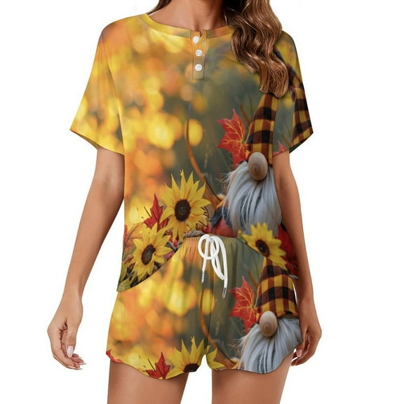 Autumn Pumpkin Gnome Thanksgiving Women's Ruffle Short Sleeve Tops And Shorts Cute Peeps Bunny Pajamas Sets