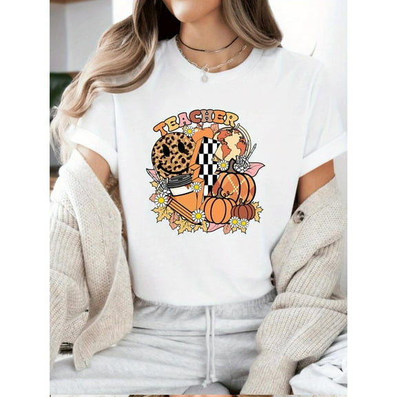 Casual Cotton Autumn Pumpkin Graphic Tee Seasonal T Shirt Tops Short Sleeve Round Neck White S-5XL