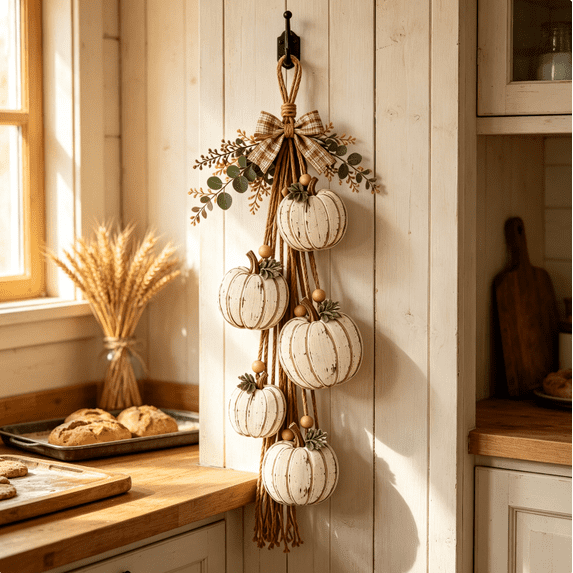 Autumn Pumpkin Hanging Decor, Rustic Wooden Pumpkin Swag for Door and Wall, Fall Decorations with Plaid Bow, Farmhouse Thanksgiving Decor (Classic)