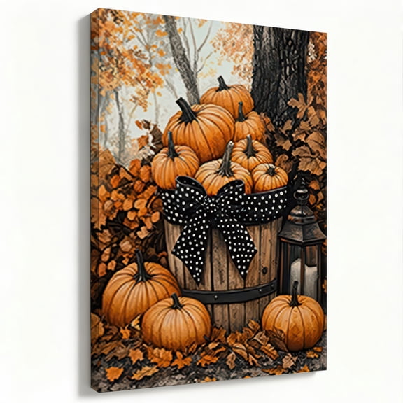 Autumn Pumpkin Harvest Canvas Wall Art – Fall Decor with Black Polka Dot Bow, Wooden Barrel & Lantern, Ready to Hang Frame