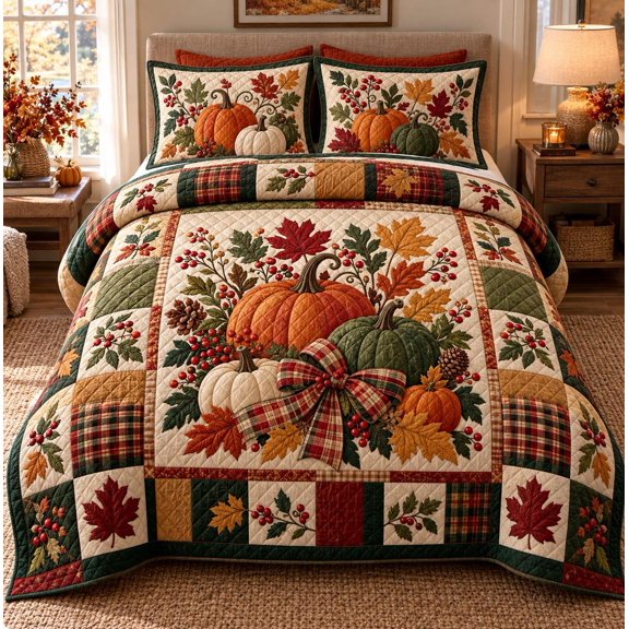 Autumn Pumpkin Harvest Quilt, Quilted Bedding Set, Fall Maple Leaf Bedspread, Rustic Farmhouse Thanksgiving Bedroom Decor