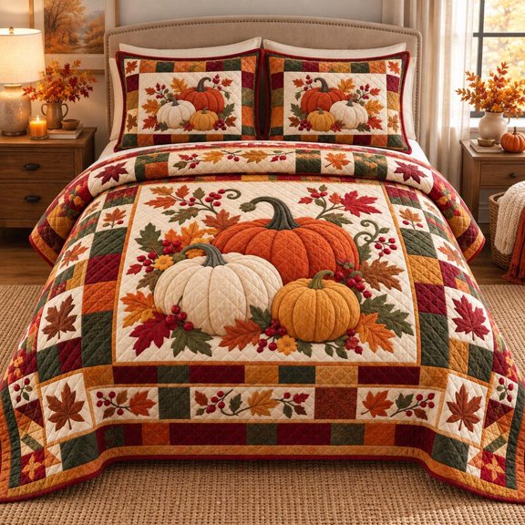 Autumn Pumpkin Harvest Quilt, Quilted Bedding Set, Fall Maple Leaf Bedspread, Rustic Farmhouse Thanksgiving Bedroom Decor