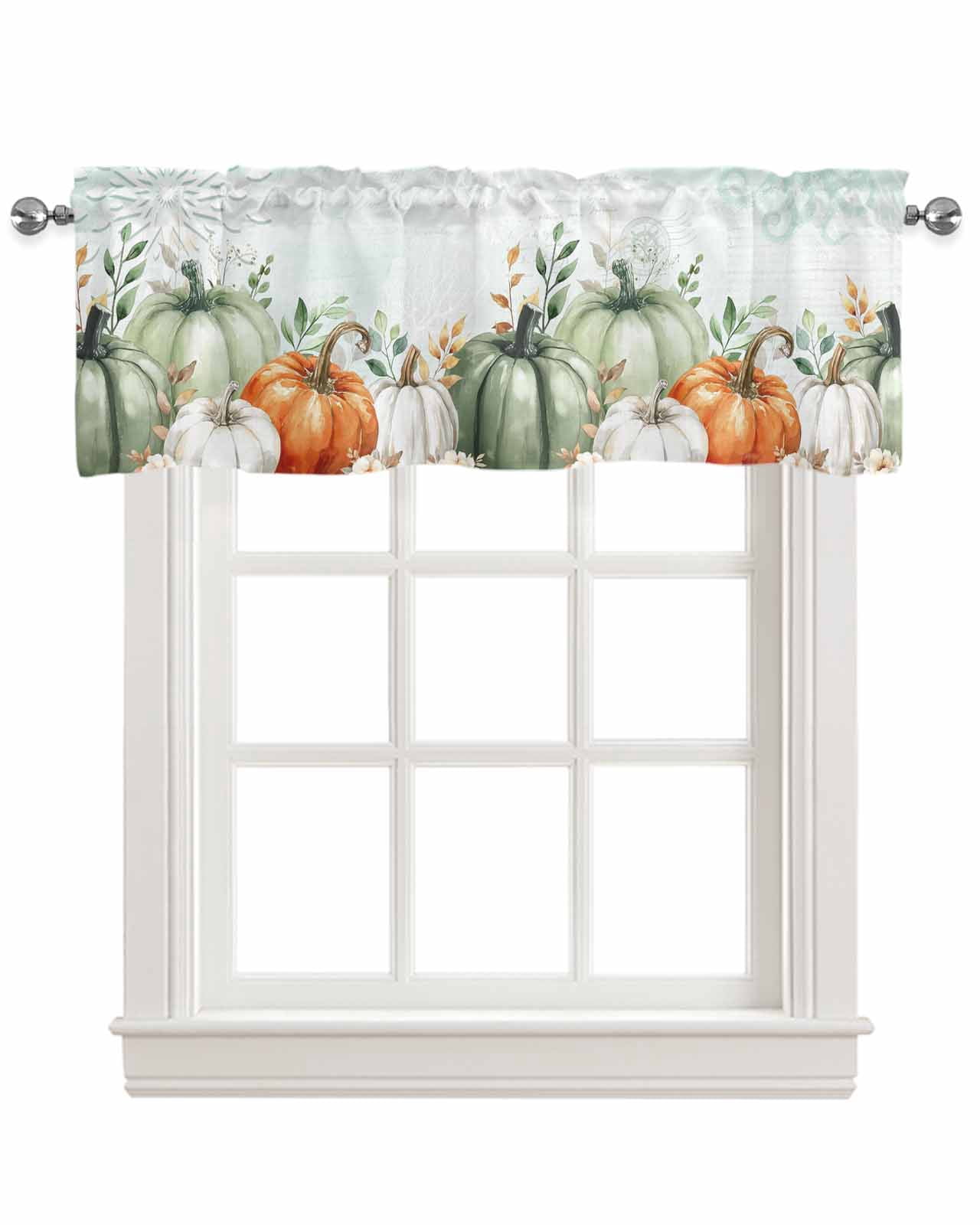 Autumn Pumpkin Kitchen Valances for Windows Farmhouse Linen Window Valance Curtain for Living Room Window Treatment Sage Green Thanksgiving Eucalyptus Leaves Valance Rod Pocket Topper, 42 x 18 Inch