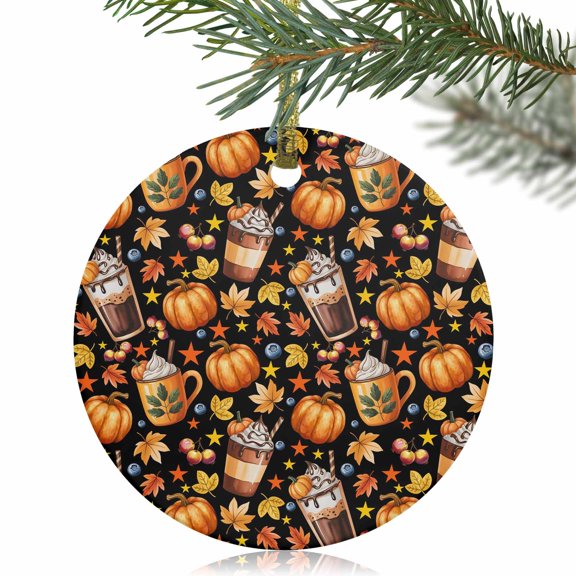 Autumn Pumpkin Latte Maple Leaf Christmas Ceramic Ornament 2025,3" Round Xmas Tree Hanging Accessories with Gold Ribbon,Seamless Berry Coffee Black Pendant Ornaments for Holiday Gift Home Party Decor