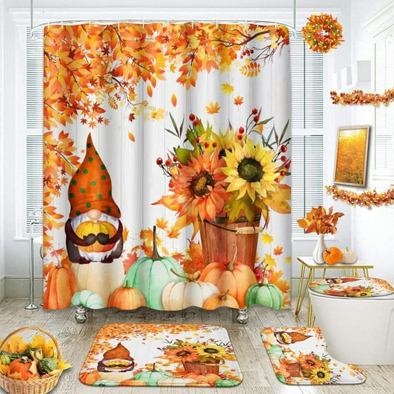 Autumn Pumpkin Leaves 4PC Shower Curtain Set with Rugs Fall Sunflower Tree Bathroom Curtains Shower with Non-Slip Rug Toilet Lid Cover Bath Mat and 12 Hooks 72x72 inches