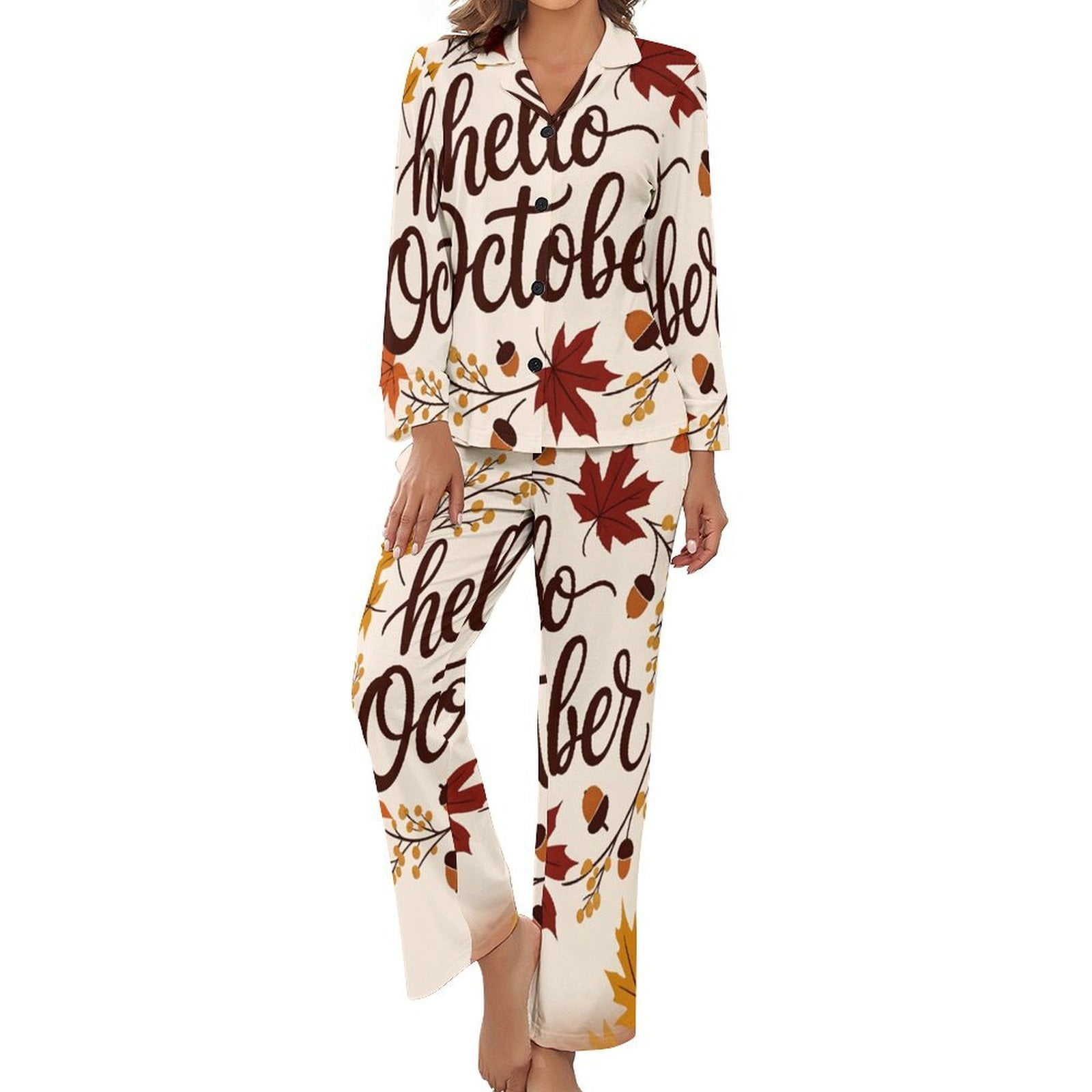 Autumn Pumpkin Leaves Thanksgiving Pajamas Woman Vintage Pajamas Set 2 ...