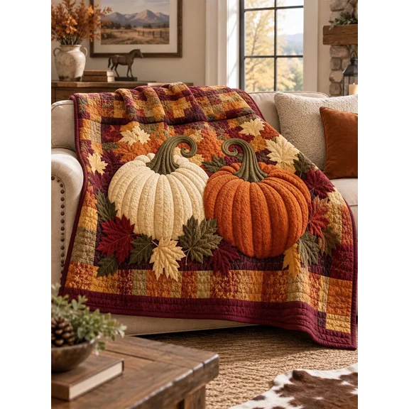 Autumn Pumpkin Maple Leaf Botanical Patchwork Quilted Blanket