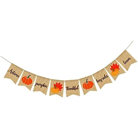 Autumn Pumpkin Maple Leaf Burlap Banner, Black Cursive Font Jute Pennant Garland for Fall Harvest Thanksgiving Mantel Table Decorations
