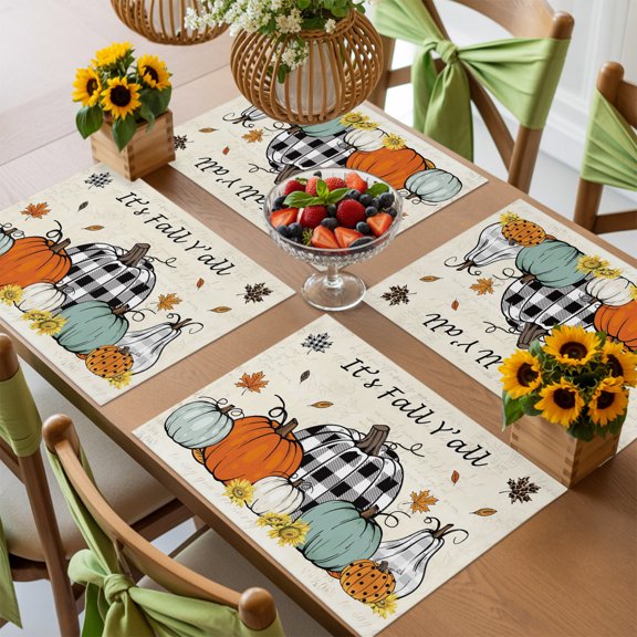 Autumn Pumpkin Maple Leaf Flower Placemats Set of 4,Wipeable Washable Table Mats for Dining Tables, Pastoral Retro Postcard Place Mats for Kitchen Event Party Tabletop Decor