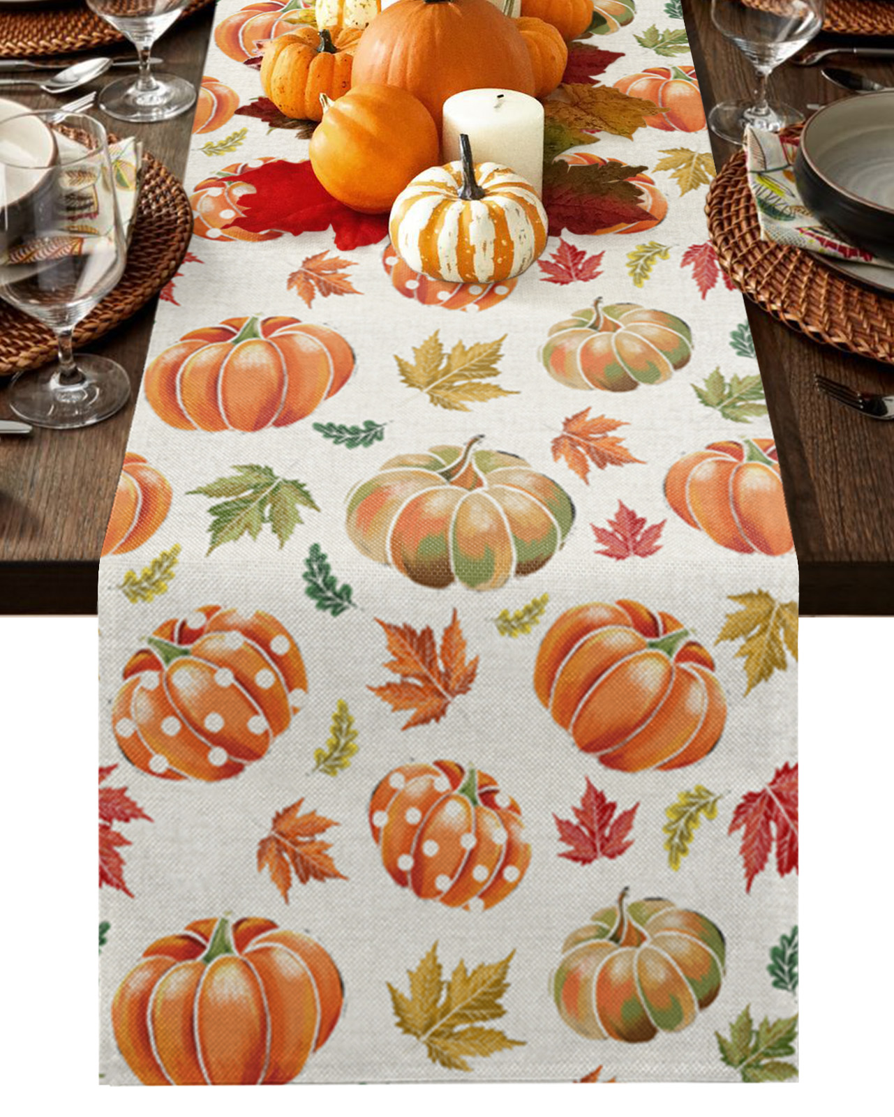 Autumn Pumpkin Maple Leaf Table Runner Kitchen Dining Table r ...