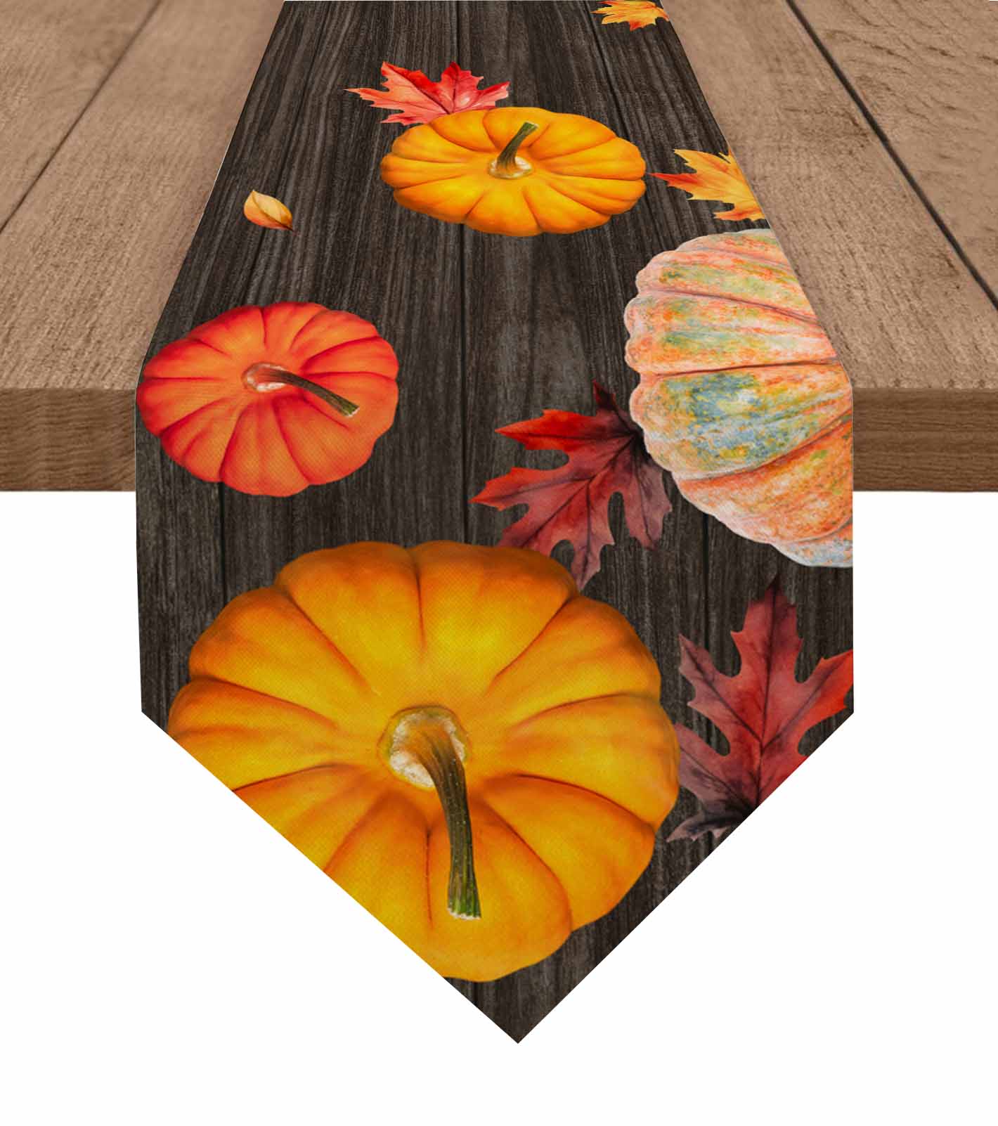 Autumn Pumpkin Maple Leaf Wood Grain Table Runner Wedding Party r ...