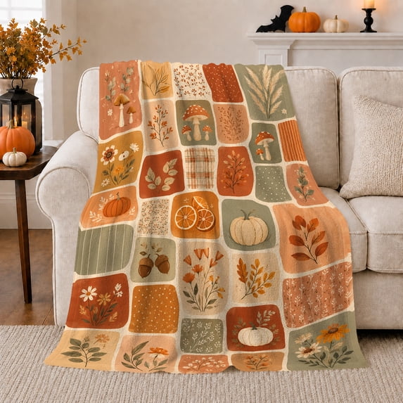Autumn Pumpkin Mushroom Patchwork Design, Cozy Friendship Quote Scene, Warm Flannel Blanket for Living Room and Reading Nook, Art Lovers Thanksgiving Gift, Artistic Home Decor