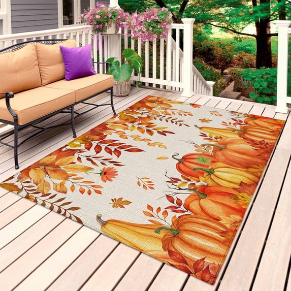 Autumn Pumpkin Outdoor Rug for Patio/Deck/Porch, Non-Slip Large Area Rug 5 x 7 Ft, Thanksgiving Orange Red Vintage Wooden Indoor Outdoor Rugs Washable Area Rugs, Reversible Camping Rug Carpet Runner