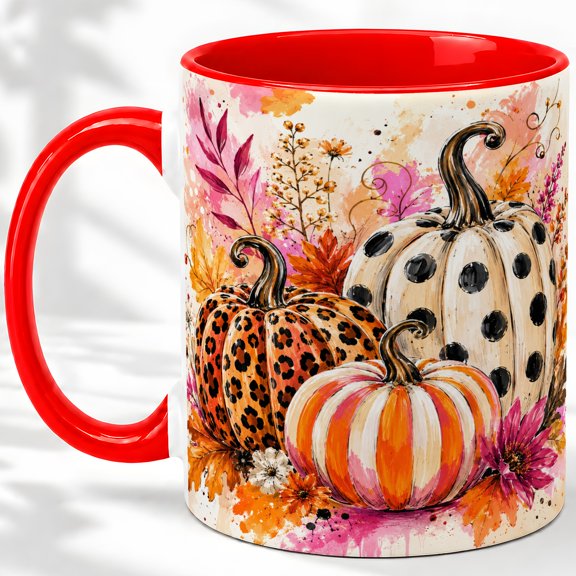 Autumn Pumpkin Pattern Accent Mug, 11oz Ceramic Mug for Fall Glossy ceramic mug with double-sided autumn pumpkin artwork for daily coffee or tea