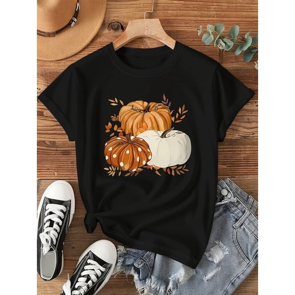 Autumn Pumpkin Pattern Print + Short Sleeves + Round Neck T-Shirt 100%Cotton Women Men Tshirt thanksgiving Halloween T-shirt