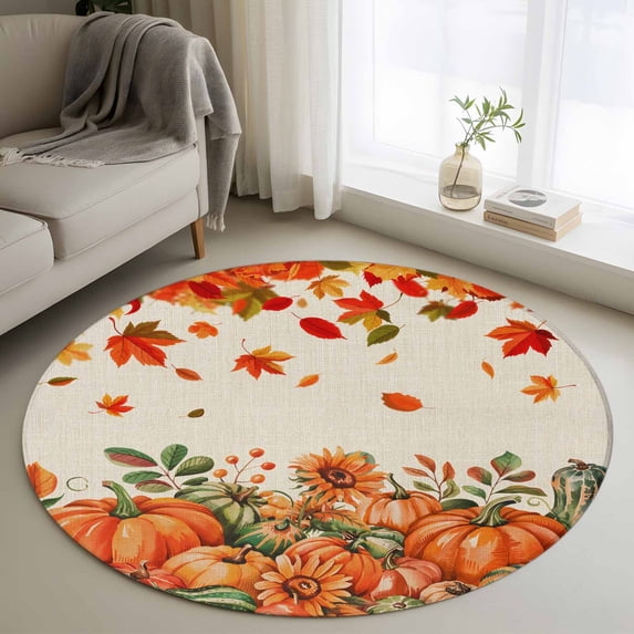 Autumn Pumpkin Round Rug 4ft Washable Circle Entryway Rugs Non Slip Thanksgiving Fall Maple Leaf Sunflower Area Rug Indoor Floor Carpet for Bedroom Kitchen Living Room Home Office Dining Room Nursery