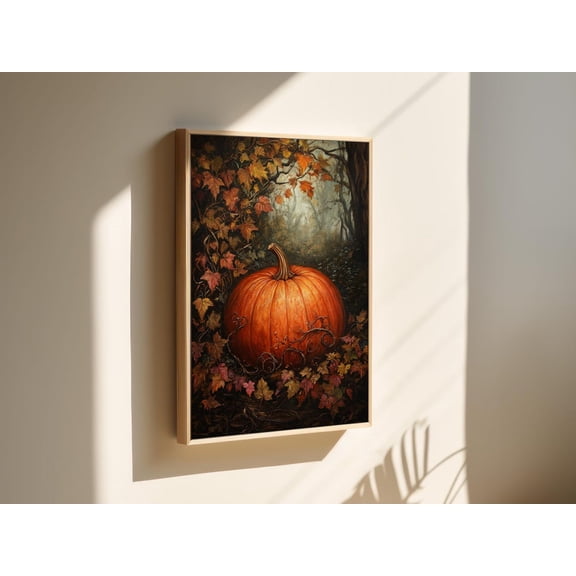 Autumn Pumpkin - Rustic Fall-Inspired Artwork With Vibrant Leaves And Forest Backdrop For Seasonal Home Décor Wall Art, Modern Wall Decor, 12x18 UNFRAMED