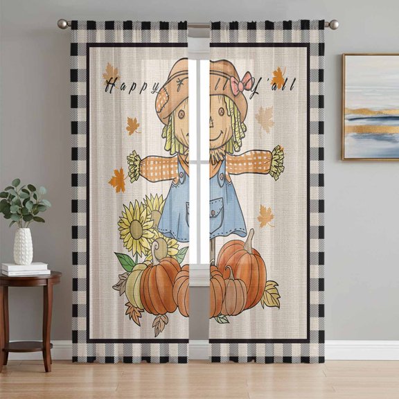 Autumn Pumpkin Scarecrow, Semi Sheer Window Curtains 84 Inches Long, Fall Thanksgiving Sunflower Plaid Rod Pocket Voile Silky Chiffon Curtain Light Filtering Drapes for Living Room, 52"x84", 2 Panels