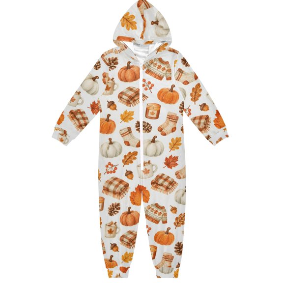 Autumn Pumpkin Scarf Boys & Girls Hooded One-Piece Pajamas Warm Crystal velvet Hooded Long Sleeve Loungewear Jumpsuit Unisex
