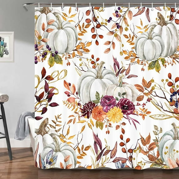 Autumn Pumpkin Shower Curtain, Fall Thanksgiving Harvest Watercolor Floral Pumpkin Boho Bathroom Curtain Restrooms Bathtub Decor, Waterproof Fabric Machine Washable Shower Curtain Set with Hooks