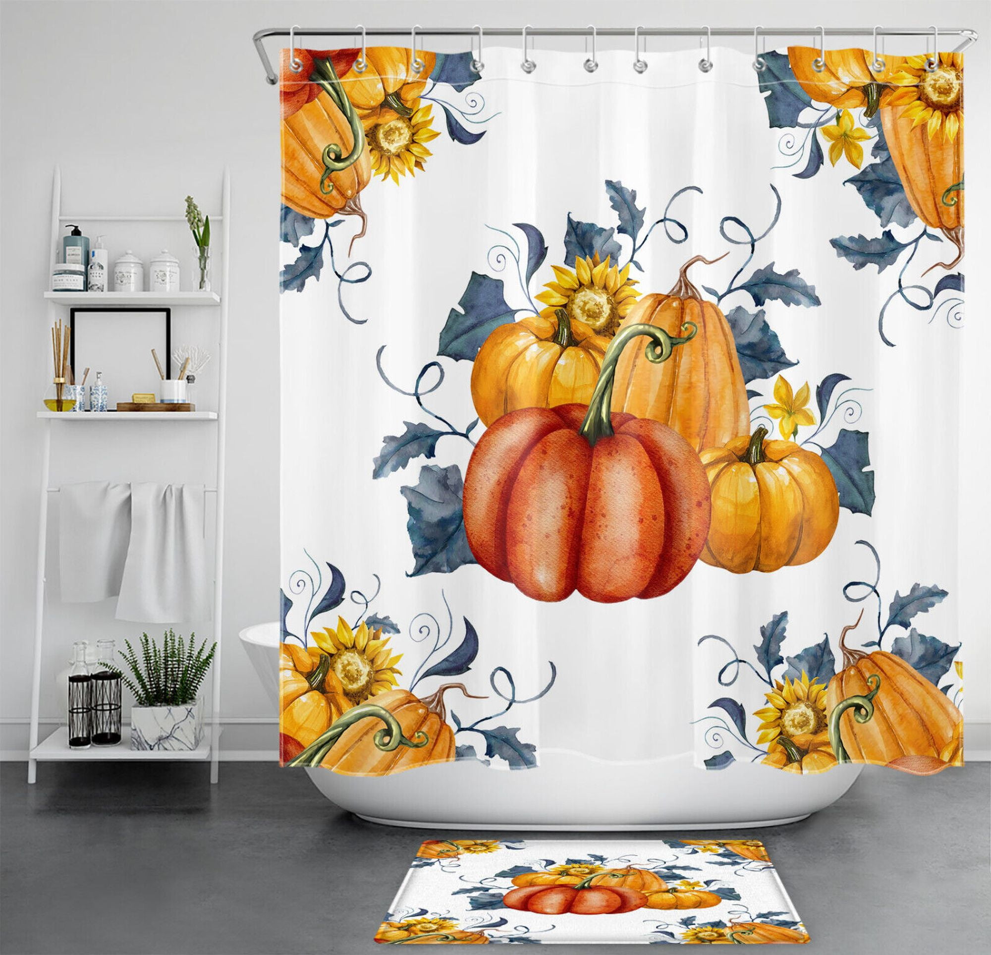Autumn Pumpkin Shower Curtain Farmhouse Style Watercolor Decor for
