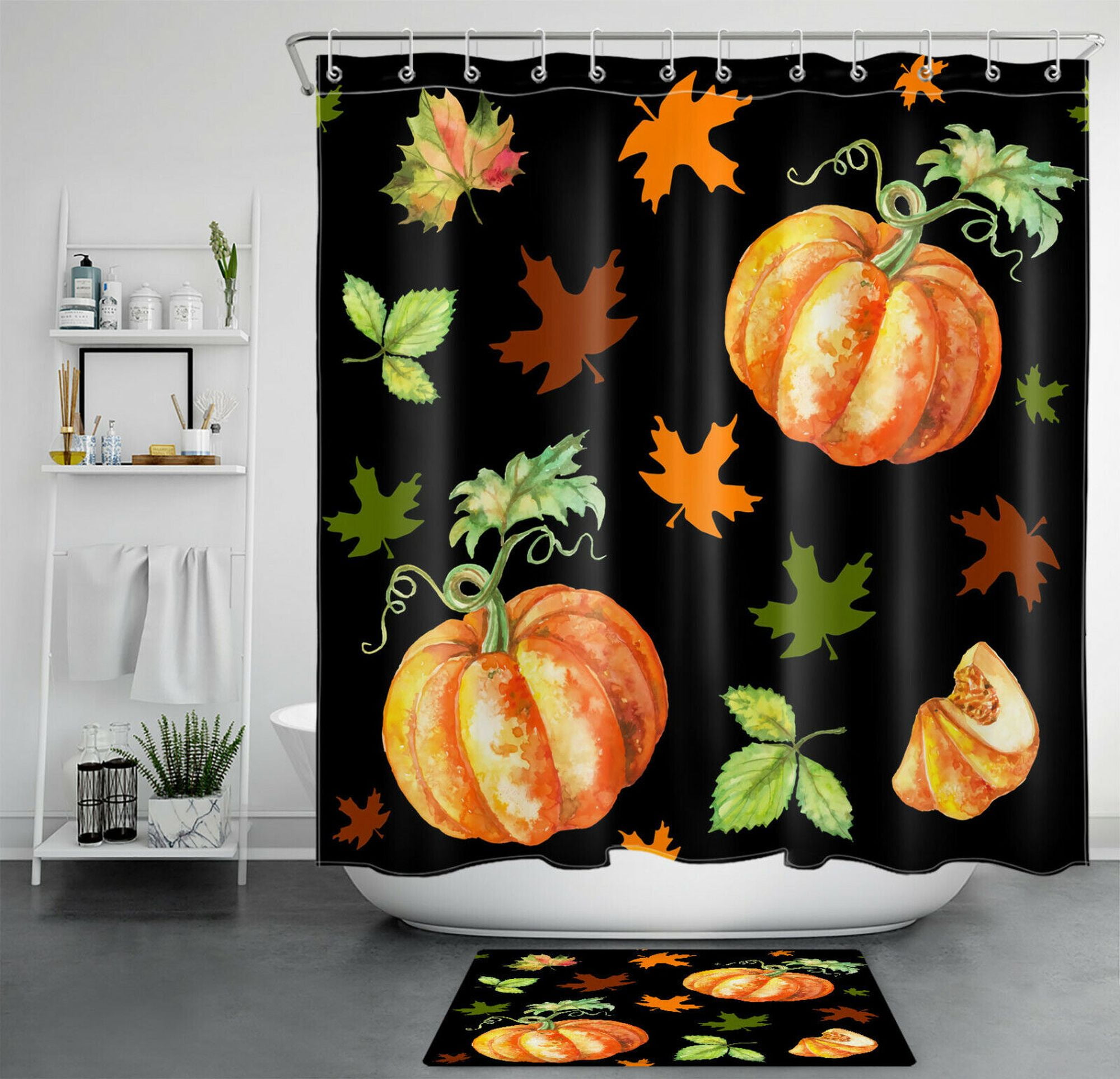 Autumn Pumpkin Shower Curtain Set Fall Bathroom Decor in Black for