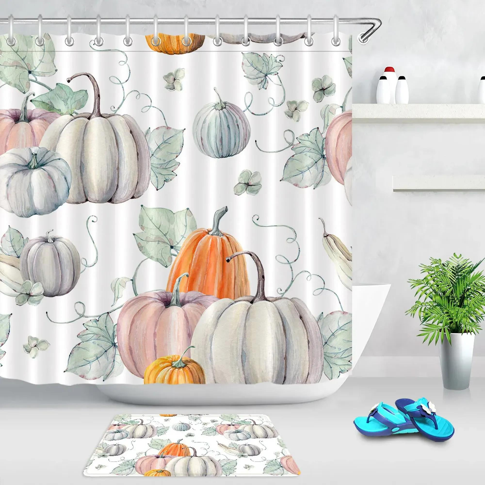 Autumn Pumpkin Shower Curtain Set Watercolor Fall Harvest Bathroom