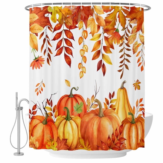 Autumn Pumpkin Shower Curtain, Waterproof Shower Curtains for Bathroom, Thanksgiving Fall Orange Red Gold Leaf Washable Fabric Bathtub Curtain Set Bath Decor with 12 Hooks Stall 36"x72"