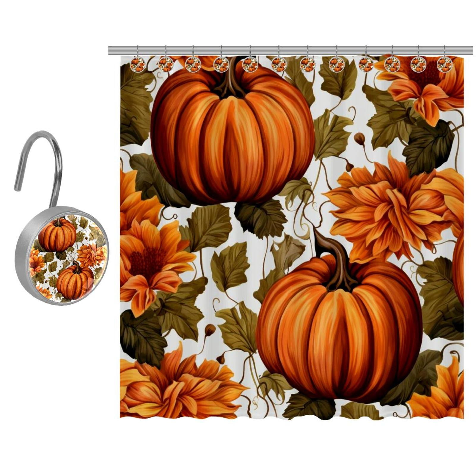Autumn Pumpkin Shower Curtain with 12 Hooks, Waterproof Fabric Shower