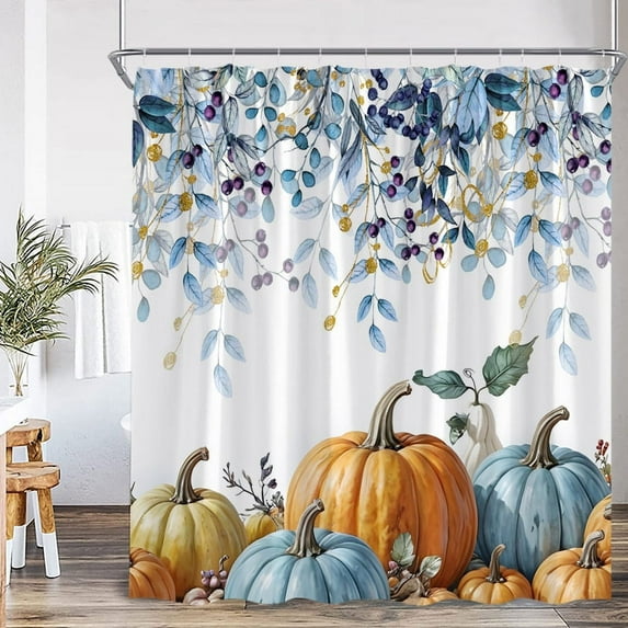 Autumn Pumpkin Shower Curtains Watercolor Blue Leaves Plant Bath Curtain Set Polyester Fabric Home Bathroom r with