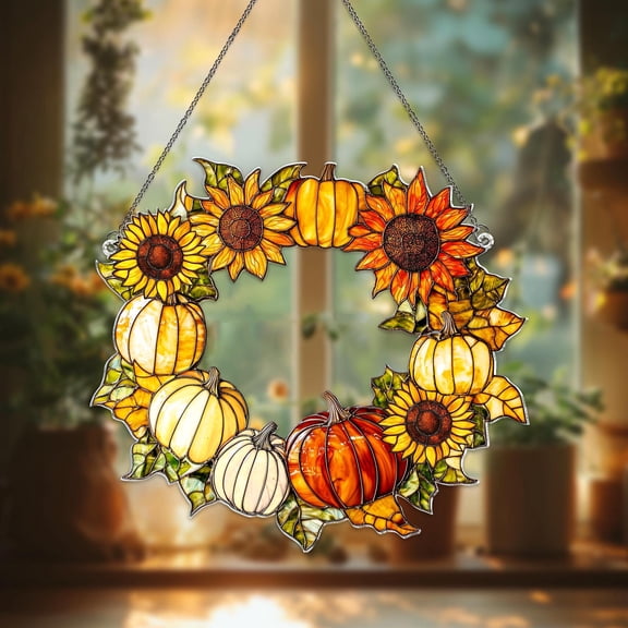 Autumn Pumpkin Sunflower Acrylic Suncatcher, Fall Wreath Window Hanging, Autumn Decor